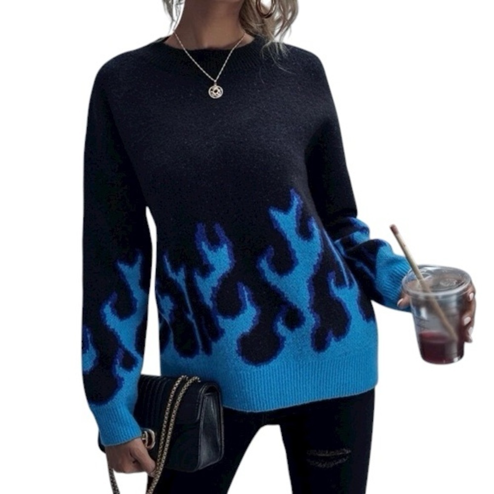 SHEIN Oversized Sweater Crewneck Pullover Flame Print Black Blue Size Small